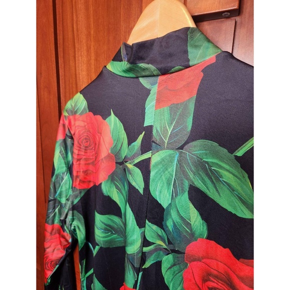 Womens Bodycon Dress 1XL Black Red Floral Mock Neck Long Sleeve Rose Print Chic - Picture 8 of 9